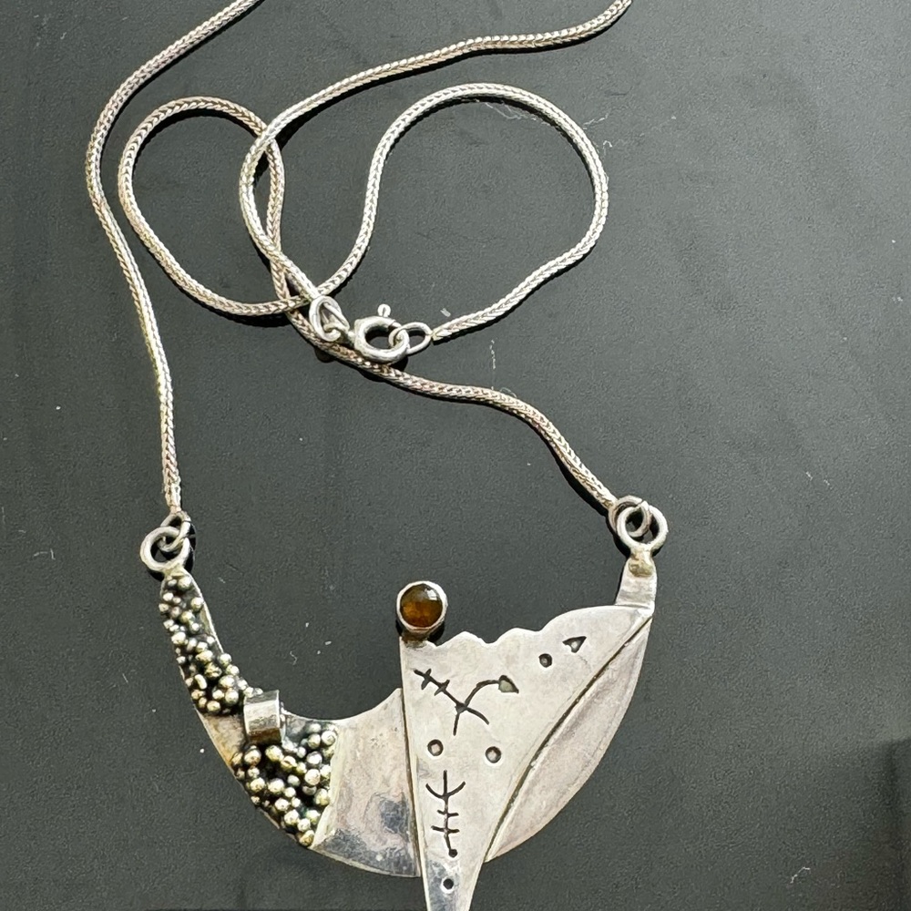 Vintage Modernist Brutalist Pendant Amber Necklace 925 Sterling Silver Chain 18"